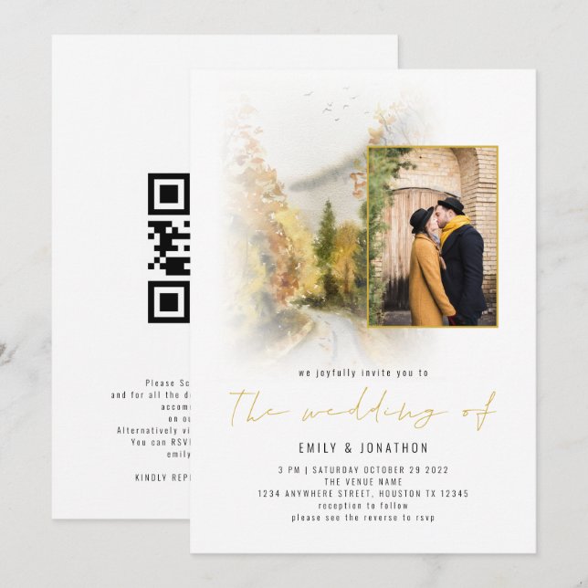 Invitación Acuarela Árboles otoñales Foto Código QR Boda de o (Anverso / Reverso)