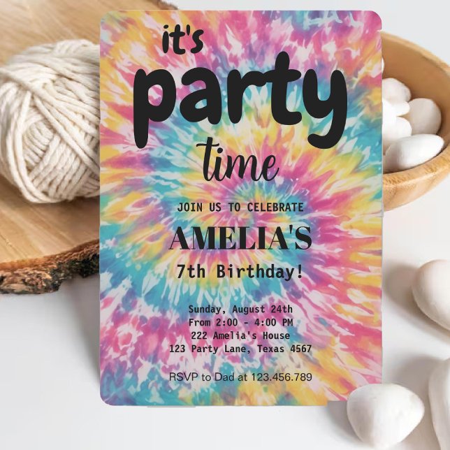 Invitación Acuarela Arco de Arcoiris Tye niños extravagantes  (Watercolor Rainbow Tie Dye whimsical Kids Birthday Invitation)