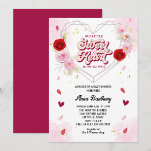Invitación acuarela arco floral corazón rosa bebé ducha roja