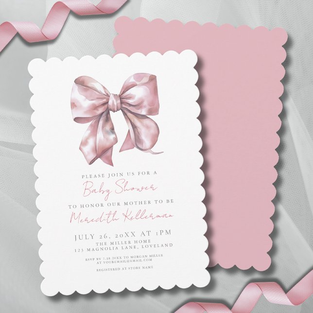 Invitación Acuarela Arco Rosa Baby Shower (Watercolor Bow Pink Baby Shower Invitation)