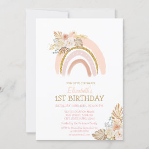 Invitación Acuarela Arcoíris Boho Flores Rayadas Cumpleaños