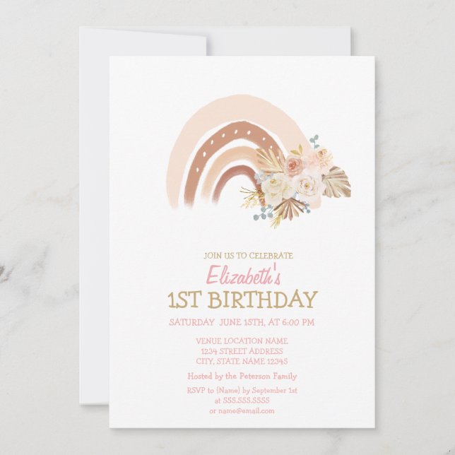 Invitación Acuarela Arcoíris Boho Flores Rayadas Cumpleaños (Anverso)