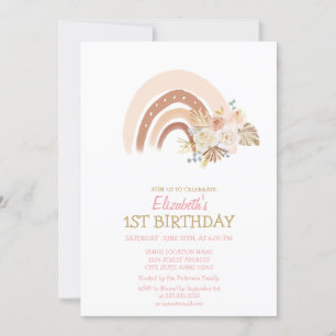 Invitación Acuarela Arcoíris Boho Flores Rayadas Cumpleaños