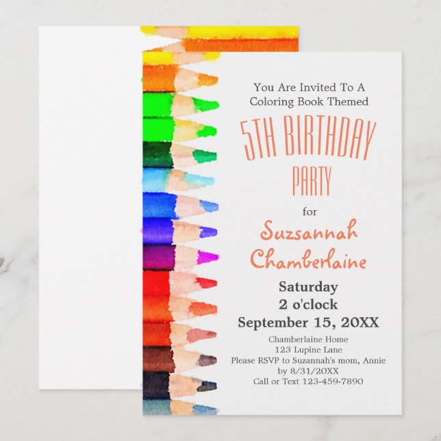 Invitación Acuarela Arcoiris Colorido Pencillos Niños Fiesta (Anverso / Reverso)