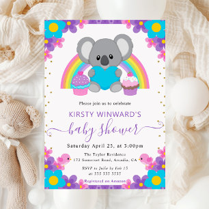 Invitación Acuarela Arcoíris Floral Koala Baby Shower