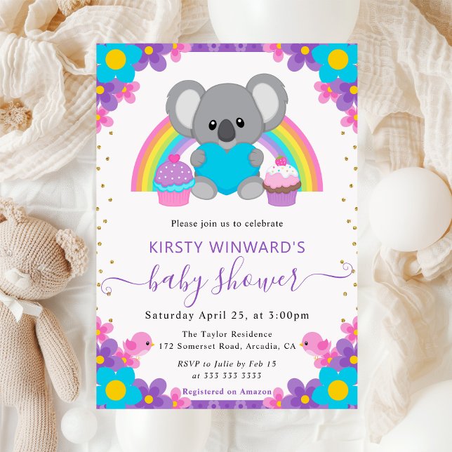 Invitación Acuarela Arcoíris Floral Koala Baby Shower (Subido por el creador)