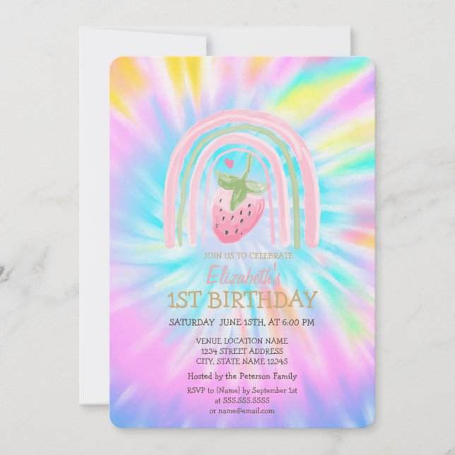 Invitación Acuarela Arcoiris Fresa Tie Dye Cumpleaños (Anverso)