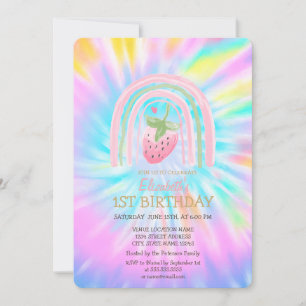 Invitación Acuarela Arcoiris Fresa Tie Dye Cumpleaños