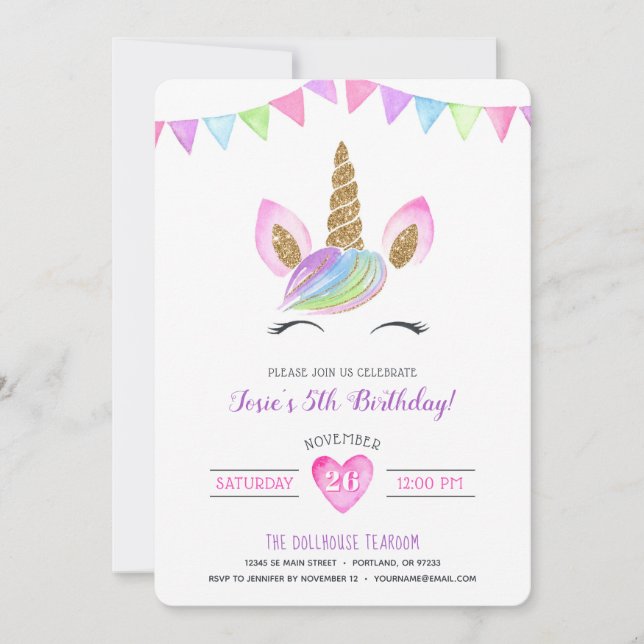 Invitación Acuarela arcoiris mágica Unicornio Cumpleaños (Anverso)