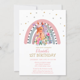 Invitación Acuarela Arcoiris Pony Flores Cumpleaños