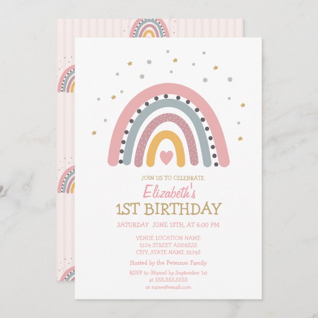Invitación Acuarela Arcoiris Striping Cumpleaños (Anverso / Reverso)
