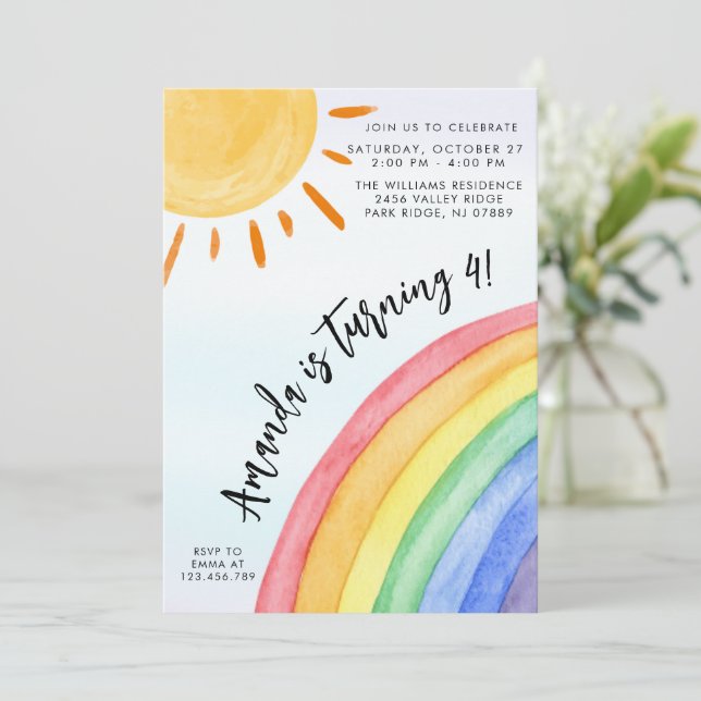 Invitación Acuarela Arcoiris Sunshine Cumpleaños (Anverso de pie)