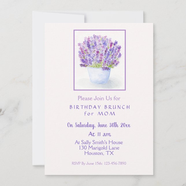 Invitación Acuarela artesanal Lavender Cumpleaños Floral (Anverso)