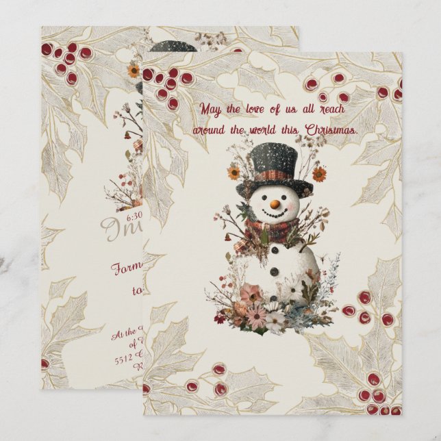 Invitación Acuarela artística Snowman Beige Floral (Anverso / Reverso)