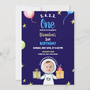 Invitación Acuarela Astronauta azul y amarillo primer cumplea