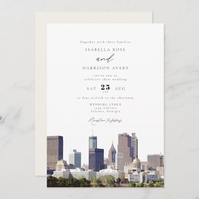 Invitación Acuarela Atlanta Georgia Skyline Boda (Anverso / Reverso)