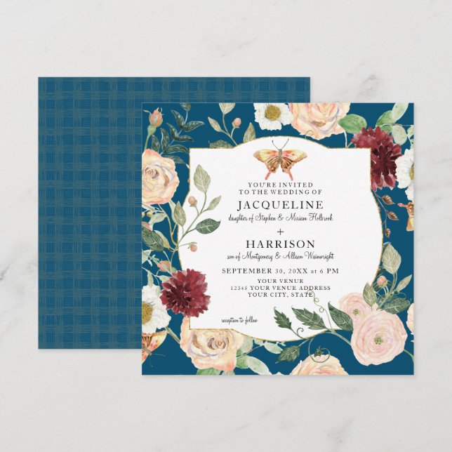 Invitación Acuarela AutumnAzul y mariposa floral Rosa (Anverso / Reverso)