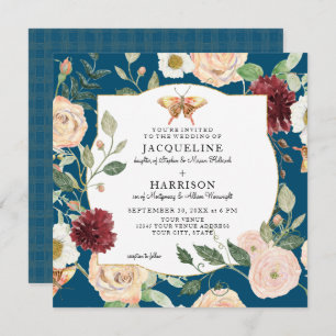 Invitación Acuarela AutumnAzul y mariposa floral Rosa