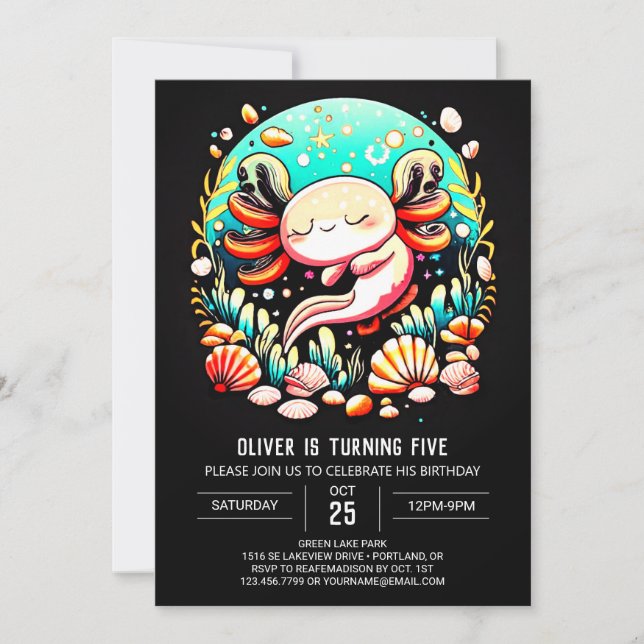 Invitación Acuarela Axolotl Elegante Cumpleaños (Anverso)