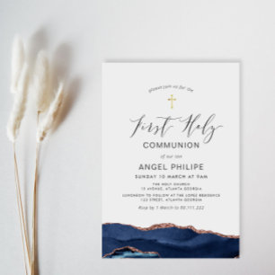 Invitación acuarela azul agate script de primera comunión