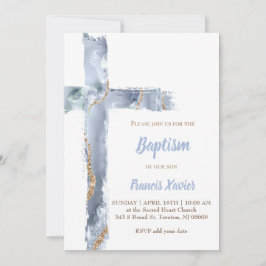 Invitación acuarela azul agia cruz Baptismo