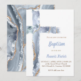 Invitación acuarela azul agia cruz Baptismo