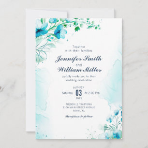Invitación Acuarela Azul Aqua Boda floral