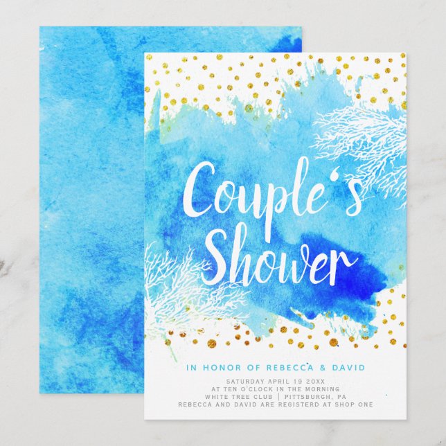 Invitación acuarela azul, arrecife de coral boda duchas (Anverso / Reverso)