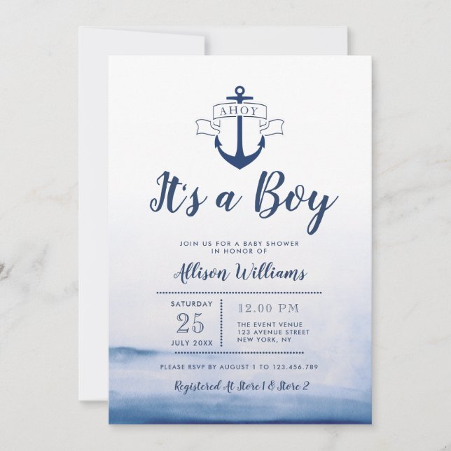 Invitación acuarela azul baño de bebé (Anverso)