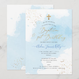 Invitación Acuarela Azul Bautizo+1er Cumpleaños