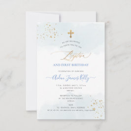 Invitación Acuarela Azul Bautizo+1er Cumpleaños