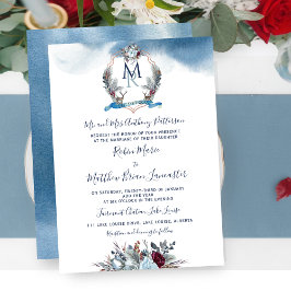 Invitación Acuarela Azul Borgoña Morado Floral y Escudo