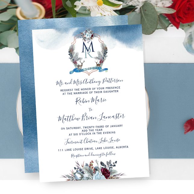 Invitación Acuarela Azul Borgoña Morado Floral y Escudo (Subido por el creador)
