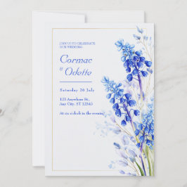 Invitación Acuarela Azul Cobalto Muscari Marco Dorado Boda