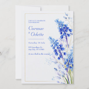Invitación Acuarela Azul Cobalto Muscari Marco Dorado Boda