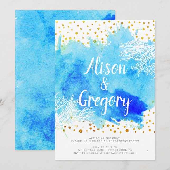 Invitación acuarela azul, compromiso con los confeti de los a (Anverso / Reverso)