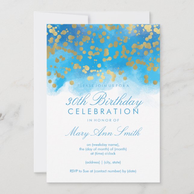 Invitación Acuarela Azul Confetti de oro con 30 años (Anverso)