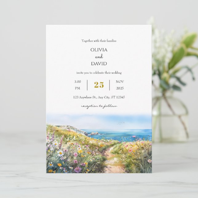 Invitación Acuarela Azul Costal Meadow Art Beach Wedding (Anverso de pie)