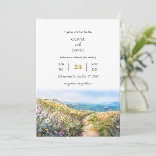 Invitación Acuarela Azul Costal Meadow Art Beach Wedding