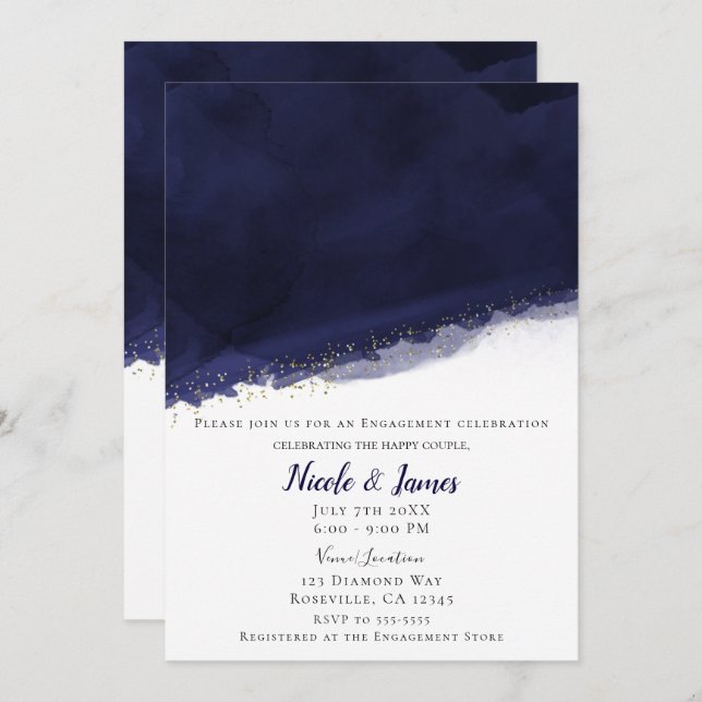 Invitación Acuarela azul de la marina y Boda de Moda moderna  (Anverso / Reverso)