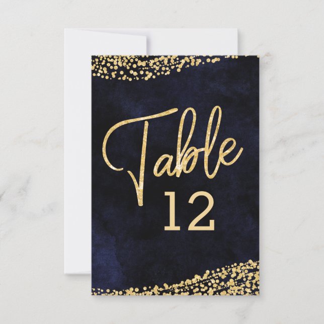 Invitación Acuarela azul de la marina y números de tabla Boda (Anverso)