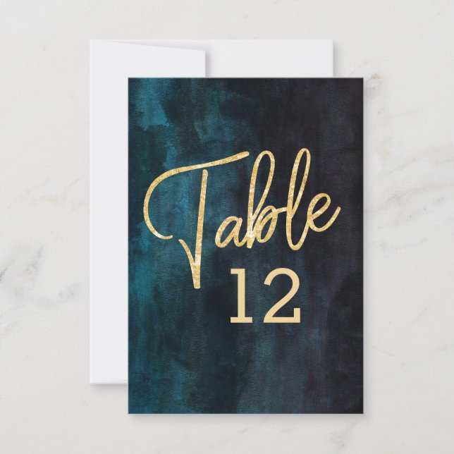 Invitación Acuarela azul de la marina y números de tabla Boda (Anverso)