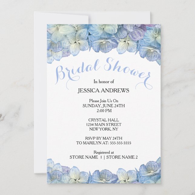 Invitación Acuarela azul del Hydrangea de la ducha nupcial (Anverso)