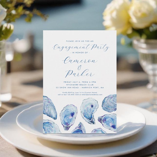 Invitación Acuarela azul del partido Oyster Engagement (Oyster Engagement Party Invitation with elegant blue watercoor oyster shells from Concertina Press)