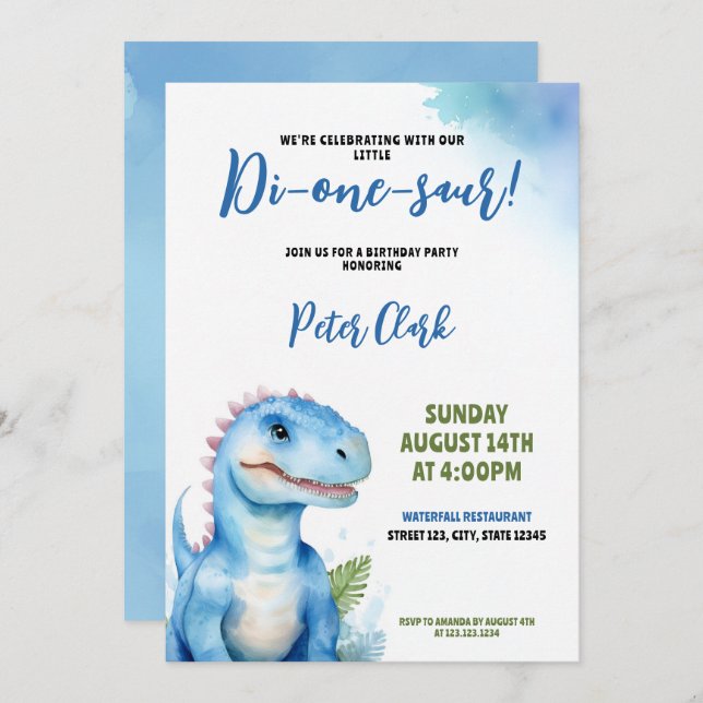 Invitación Acuarela Azul Dinosaurio Niño Primer Cumpleaños (Anverso / Reverso)
