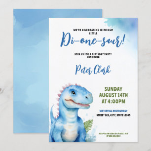 Invitación Acuarela Azul Dinosaurio Niño Primer Cumpleaños