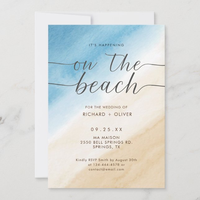Invitación Acuarela Azul En La Boda De La Playa (Anverso)