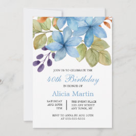 Invitación Acuarela Azul Flor Botánica Cualquier Cumpleaños d