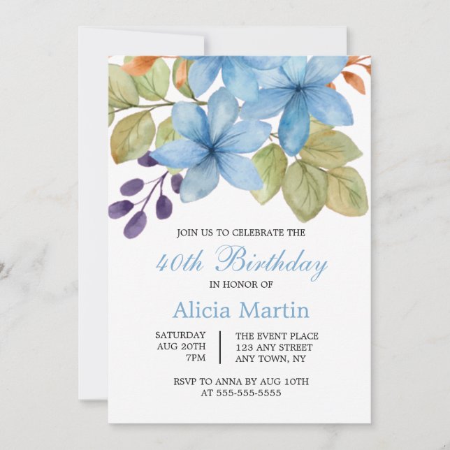 Invitación Acuarela Azul Flor Botánica Cualquier Cumpleaños d (Anverso)