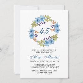 Invitación Acuarela Azul Flor Verde Cualquier Cumpleaños de E